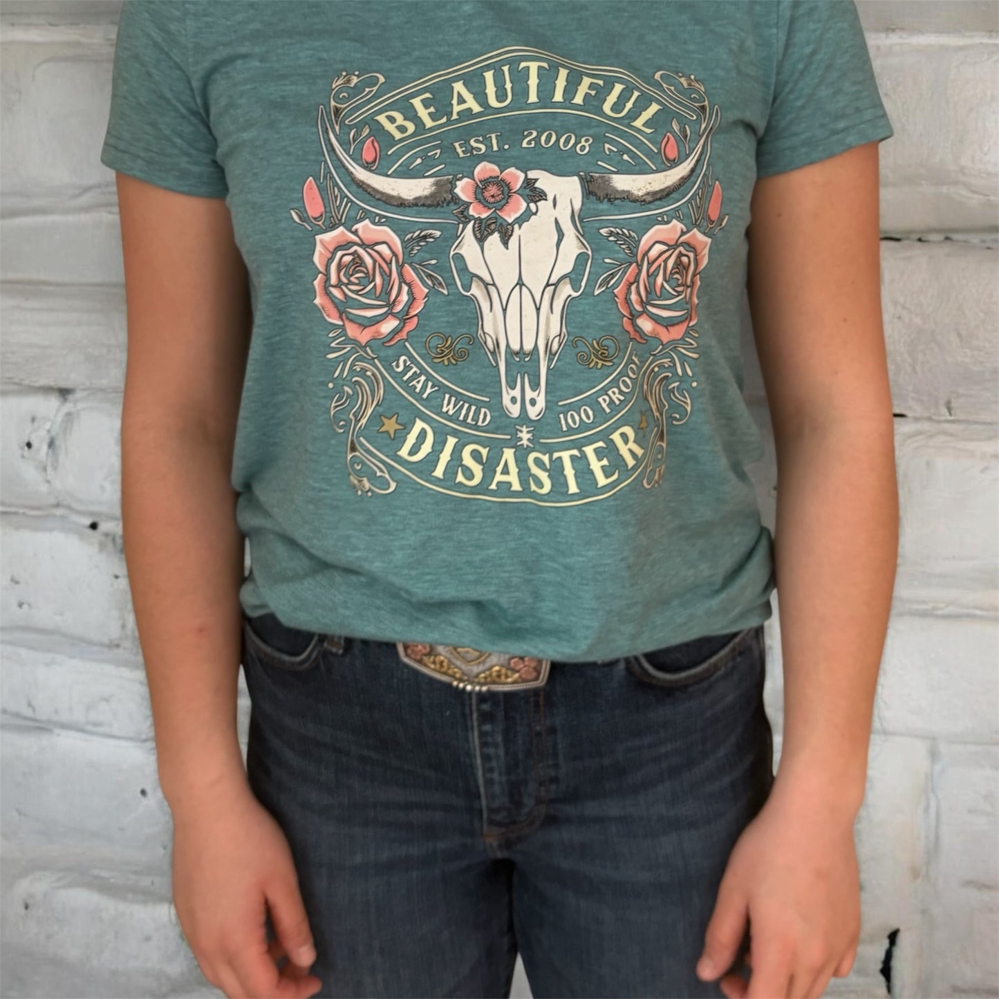 T-shirt turquoise avec imprimé à l’avant